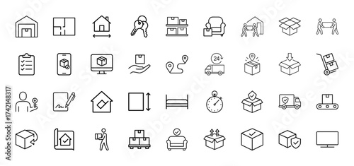 Moving and logistics line icon set. Vector pictograms of warehouse, house, keys, boxes, delivery, movers, maps, furniture, security, thin linear illustration.