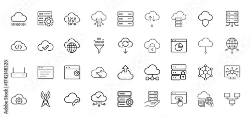 Cloud computing and data technology line icon set. Vector pictograms of cloud storage, servers, network security, data processing, web services, and network infrastructure, thin linear illustration.