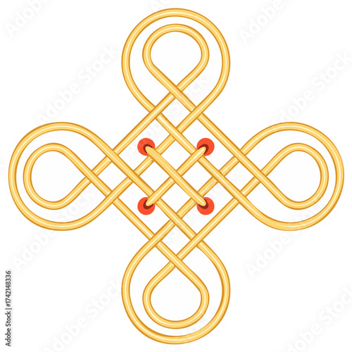 Golden Endless Knot Tibetan Buddhist Symbol of Intertwined Destiny Represents Auspiciousness and Prosperity