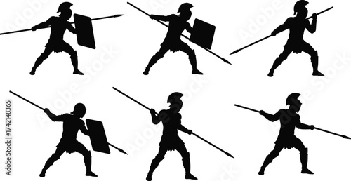 Ancient warrior silhouette, greek soldier, roman fighter, spear and shield, battle stance, classical armor, historic combat, military defense, warrior pose, history