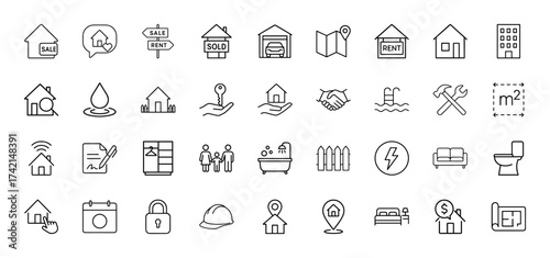 Real estate housing line icon set. Vector pictograms of houses, sales, rentals, keys, family, construction, pool, and blueprints, thin linear illustration.