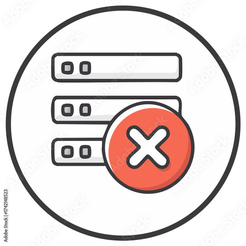 Server data deletion vector icon. Illustrated list with red X mark for error or failure.
