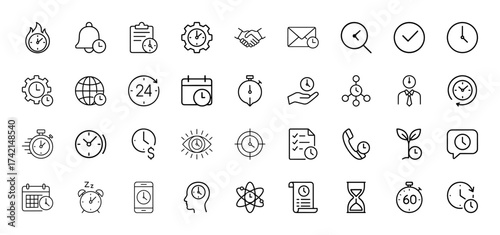 Time management line icon set. Vector pictograms of clock, calendar, stopwatch, deadline, schedule, efficiency, notification, task, planning, urgency, thin linear illustration.