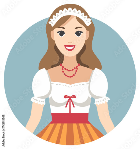 Vector illustration of a woman in traditional German attire with a white headband and red necklace