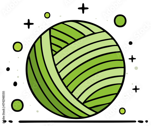 Cute doodle illustration of a green ball of yarn for crafting and hobbies