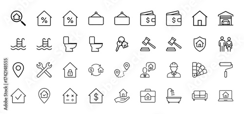 Real estate line icon set. Vector pictograms of house, percentage, for sale sign, keys, gavel, agent, worker, paint roller, and sofa, thin linear illustration.