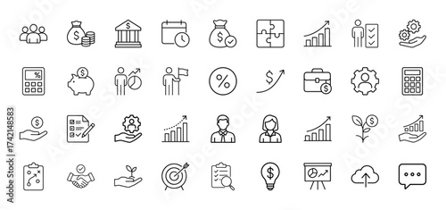 Business and finance line icon set. Vector pictograms of money bag, bank, growth chart, calculator, document, handshake, lightbulb, and target, thin linear illustration.