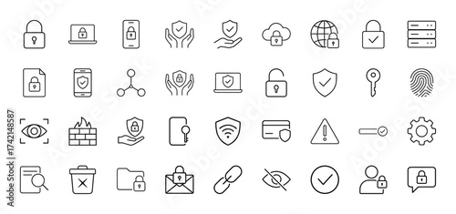 Digital security line icon set. Vector pictograms of padlock, laptop, smartphone, shield, cloud, globe, server, document, fingerprint, thin outline illustration.