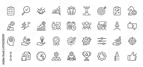 Business line icon set. Vector pictograms of clipboard, checklist, magnifying glass, handshake, growth chart, team, target, strategy, rocket, award, gear, presentation, thin linear illustration.