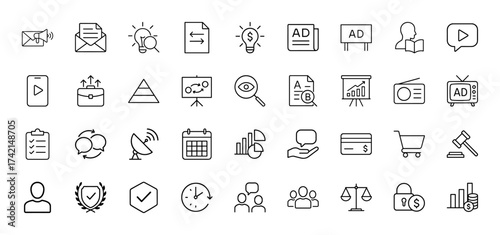 Marketing business line icon set. Vector pictograms of mail, lightbulb, ads, charts, strategy, and communication, thin linear illustration.