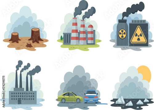 Environmental pollution illustration, deforestation, factory smoke, nuclear waste, car exhaust, water contamination, hand-drawn vector, white background, ecological awareness concept
