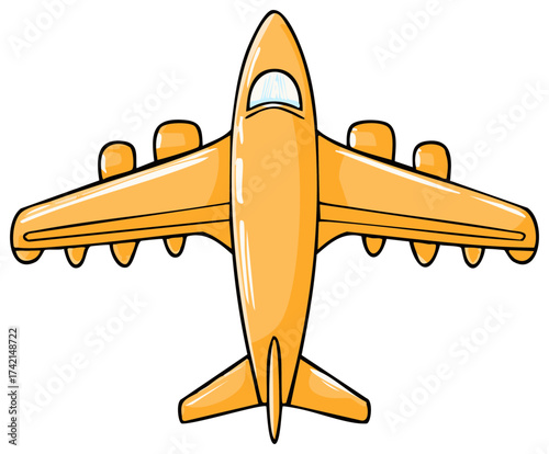 Cartoon golden airplane illustration flying overhead against a white background vector airplane aviation travel.