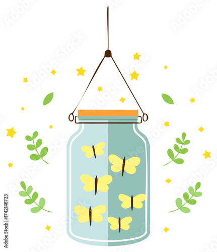 Hanging glass jar filled with yellow butterflies surrounded by stars and leaves