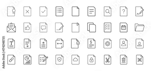 Document management line icon set. Vector pictograms of file, folder, message, search, edit, checklist, calendar, security, cloud, finance, and delete, thin linear illustration.