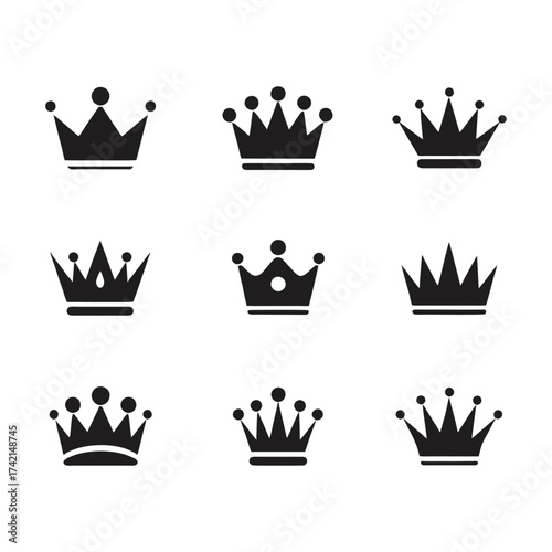 Royal Crown Black Silhouette Icons Set: King, Queen, and Princess Tiara Symbols