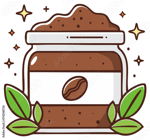 Jar of Coffee Scrub with Coffee Bean Label Surrounded by Leaves and Stars