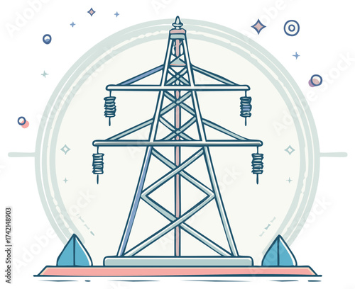 Minimalist Electricity Pylon Power Line Tower Energy Supply Infrastructure Illustration