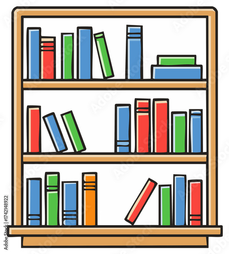 Simple cartoon illustration of a wooden bookshelf filled with colorful books