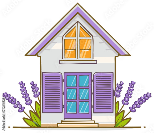 Charming House with Lavender Flowers, Cute Residence with Shutters and Triangle Window, Detailed Illustration