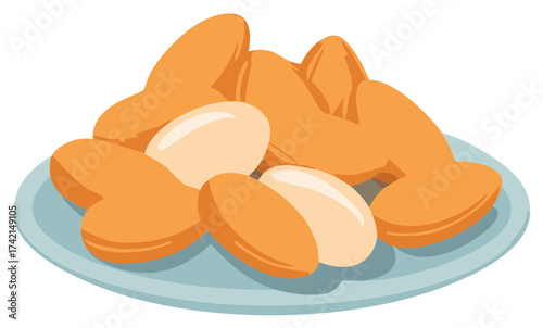 Pile of almonds on a blue plate illustration. Healthy snacks and food concept.
