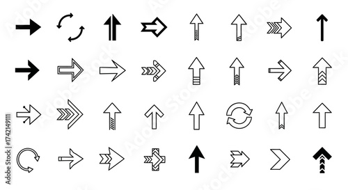 Collection of Diverse Arrow Symbols Illustrating Directional Movement and Circular Motion Variations