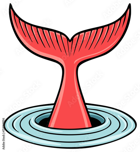 Cartoon drawing of red whale tail diving into blue rippled water circle graphic element
