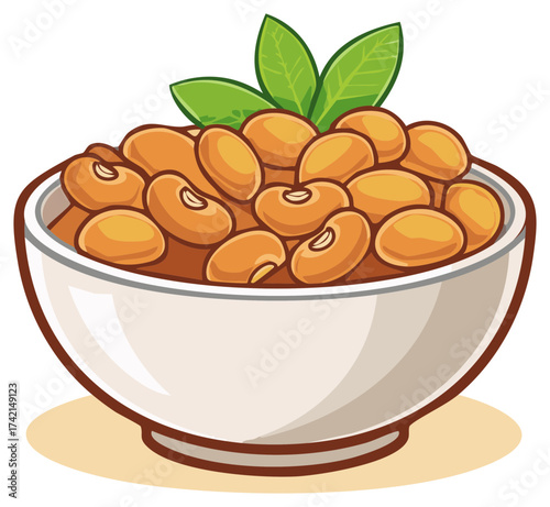 Bowl of cooked soybeans with green leaves garnish