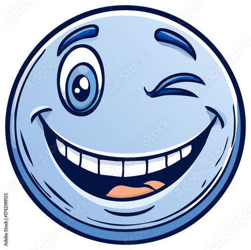 Playful blue cartoon smiley face winking with a wide happy grin
