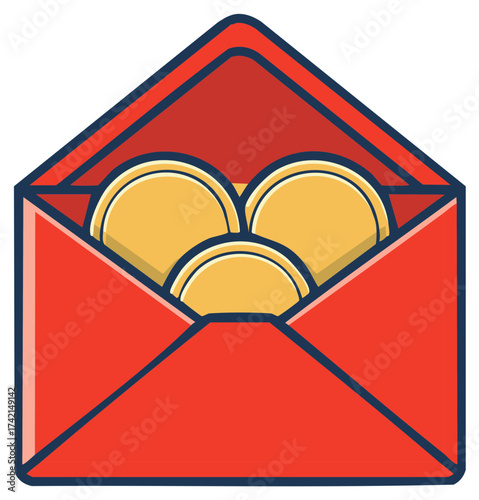 Red Envelope Filled With Golden Coins Money Gift Surprise Wealth