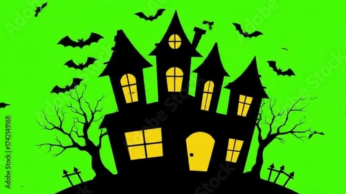 Wallpaper Mural Spooky haunted house silhouette with glowing windows and flying bats against a vibrant green background, perfect for Halloween. Torontodigital.ca
