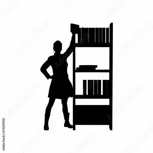 Librarian stacking books on a tall shelf silhouette isolated on white background