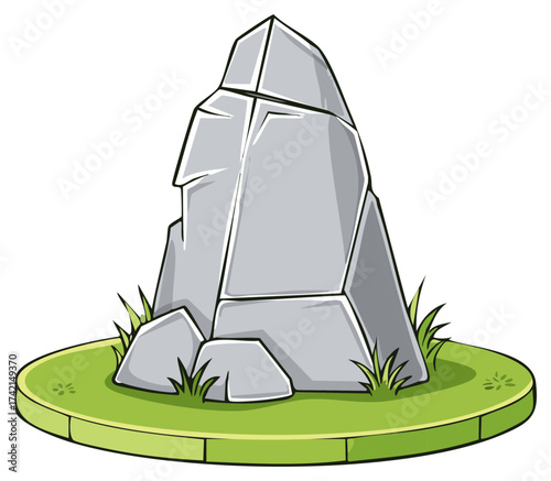Cartoon stone formation with grass growing, vector illustration, geology, isolated element