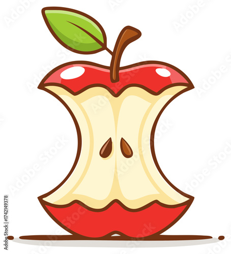 Cartoon illustration of a half-eaten red apple with seeds and leaf