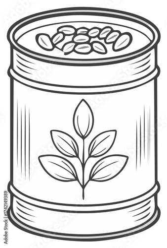 Simple line art drawing of an open tin can filled with seeds and a plant design on the label