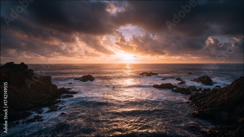 Dramatic coastal sunset over rocky shoreline. AI image