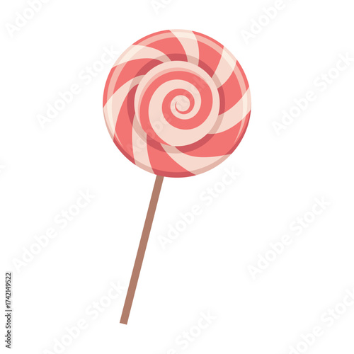 Sweet pink spiral lollipop vector illustration. Cute candy on stick with swirl design. Perfect for birthday party decorations, confectionery packaging, kids illustrations, posters, and dessert design 