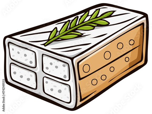 Cartoon feta cheese block with olive branch detail and textured side paneling