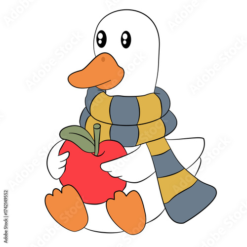 Cartoon of a goose wearing a scarf hugging an apple