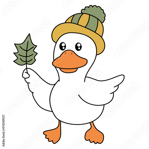Cartoon goose holding a green maple leaf