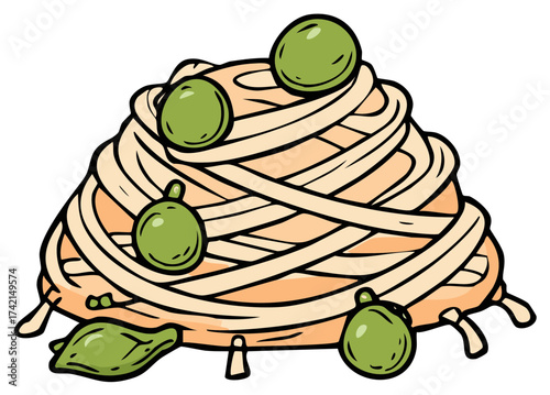 Playful Cartoon Illustration of Delicious Spaghetti Pasta Pile with Green Peas Food