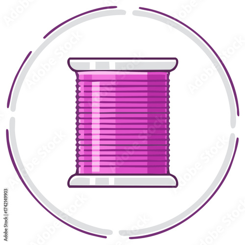 Isolated spool of purple thread, sewing notions symbol, haberdashery hobby in white circle with modern design.