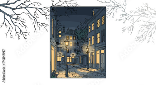 Quiet old town street at night in blue and yellow illustration