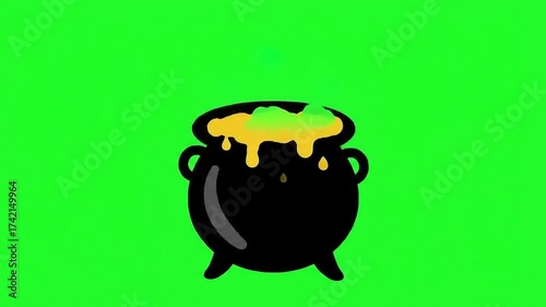 A cartoon illustration of a black cauldron with bubbling green and yellow liquid, on a green background.