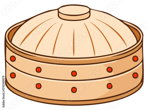 Cartoon Bamboo Steamer Illustration with Lid and Red Accents for Asian Cuisine