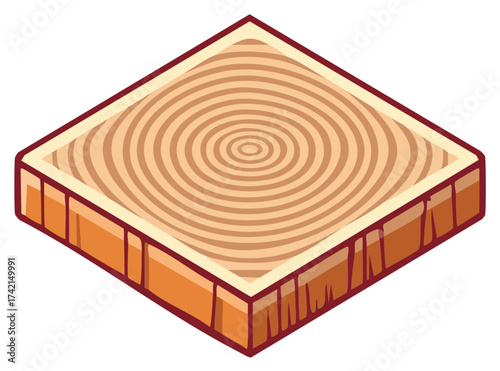 Isometric wood slice with circular grain pattern and rustic bark texture