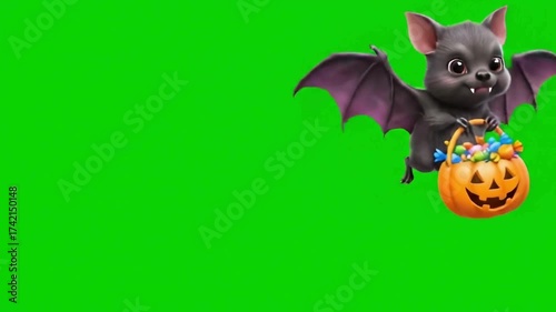 A cute cartoon bat with purple wings flying and carrying a pumpkin basket filled with candy.