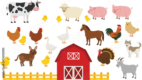 Farm animal illustration, cartoon barnyard scene, cow, horse, pig, chicken, duck, goat, rabbit, dog, hand-drawn vector, white background