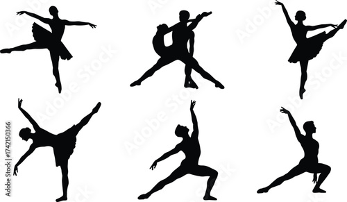 Ballet dancer silhouette, classical dance, graceful posture, elegant movement, duet performance, solo pose, stage choreography, artistic expression, dance art, performance