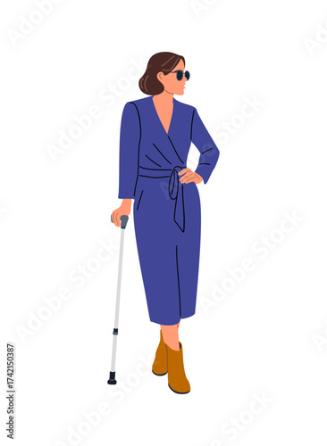 Full-length vector illustration of a blind business woman in blue office dress and boots, wearing dark glasses and holding a cane, isolated on transparent background