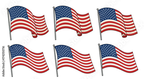 Illustration of multiple American flags waving majestically on poles against a white background representing national pride and freedom
